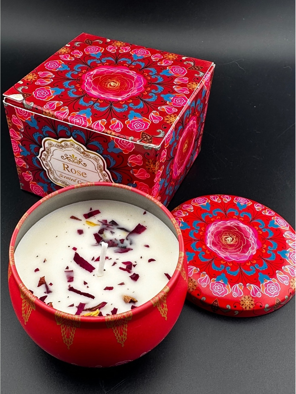 Rose Scented Candle in Decorative Red Tin with Floral Design